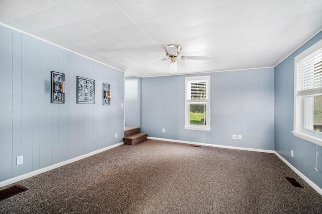 2883 Tucker Rd, Lucas, OH 44843 - carpeted empty room featuring healthy amount of natural light, ceiling fan, and wood walls