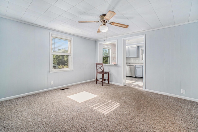 2883 Tucker Rd, Lucas, OH 44843 - spare room featuring carpet, ceiling fan, and wood walls
