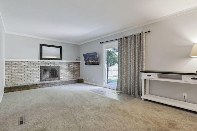 372 Depauw Ct, Columbus, OH 43230 - unfurnished living room with carpet floors, crown molding, and a fireplace