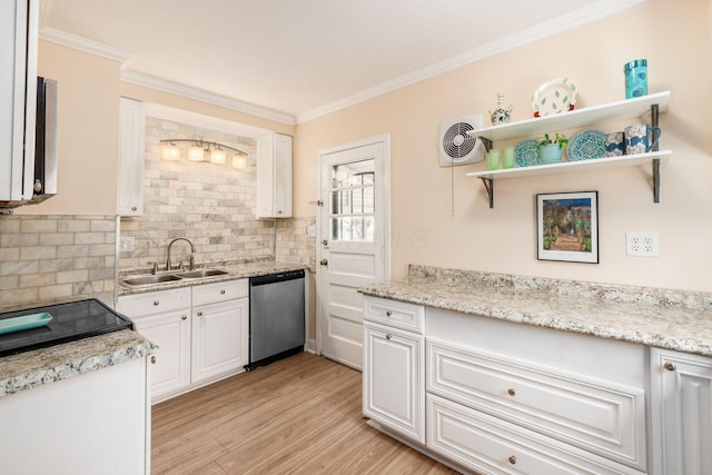 854 E Weber Rd, Columbus, OH 43211 - kitchen featuring stainless steel dishwasher, crown molding, light wood-style floors, backsplash, and white cabinets
