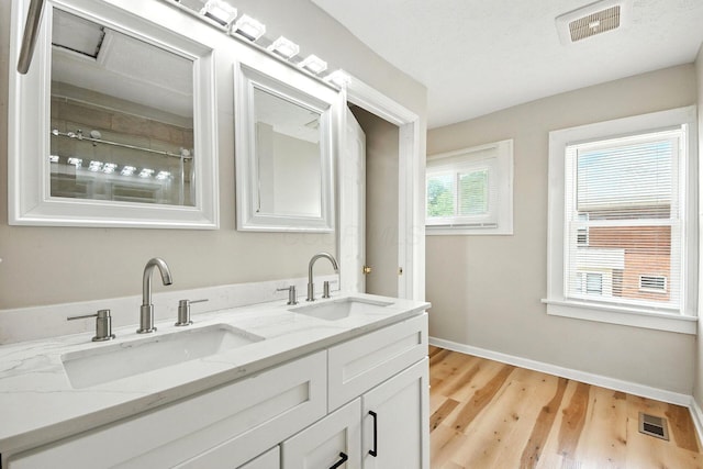 87 N Warren Ave, Columbus, OH 43204 - full bathroom with wood finished floors, double vanity, and tiled shower