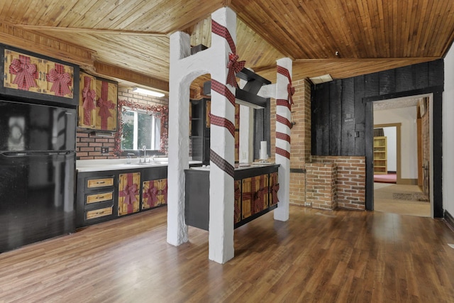 27380 Miller Rd, Rockbridge, OH 43149 - bar featuring freestanding refrigerator, wooden ceiling, wood finished floors, and vaulted ceiling