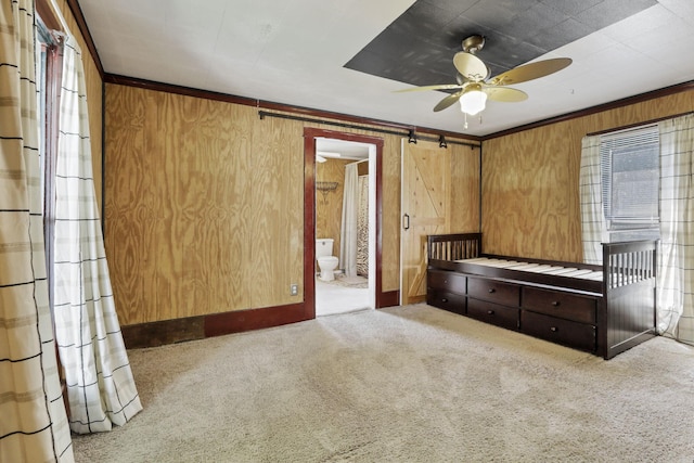 27380 Miller Rd, Rockbridge, OH 43149 - unfurnished bedroom with carpet flooring, wooden walls, multiple windows, ensuite bath, and ornamental molding