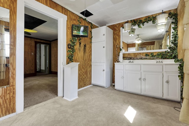 27380 Miller Rd, Rockbridge, OH 43149 - full bathroom with a ceiling fan, wooden walls, vanity, carpet floors, and vaulted ceiling
