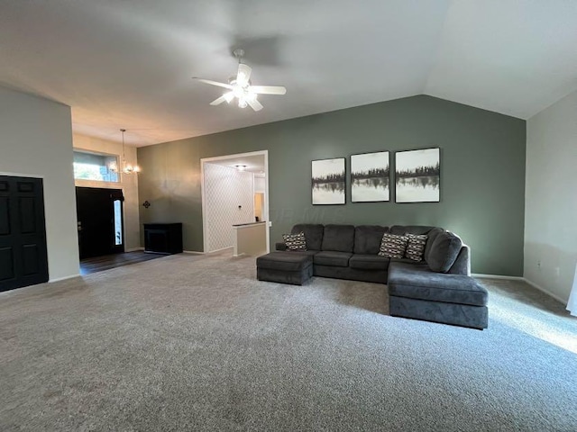 450 Village Ridge Ct, Powell, OH 43065 - living room with carpet, a chandelier, a ceiling fan, and vaulted ceiling