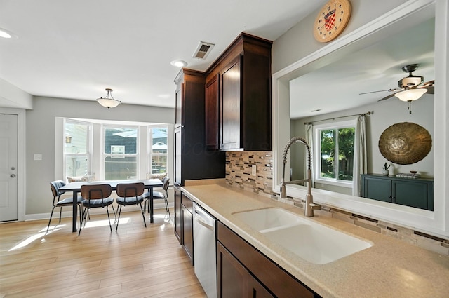 1817 Ibson Dr, Powell, OH 43065 - kitchen with stainless steel dishwasher, backsplash, light countertops, recessed lighting, and light wood finished floors