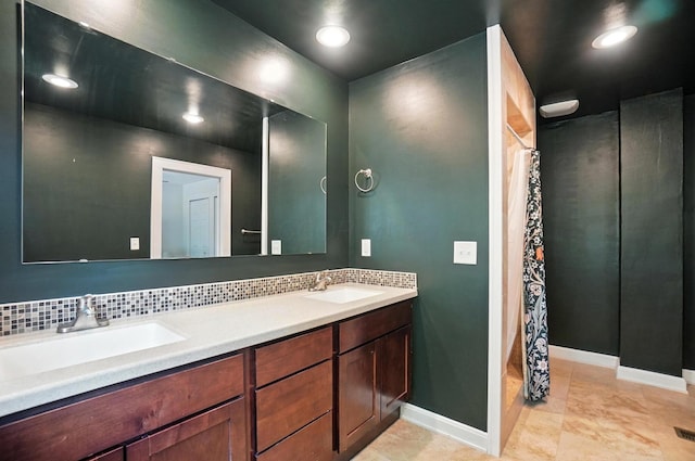1817 Ibson Dr, Powell, OH 43065 - full bathroom featuring double vanity, a shower with curtain, and backsplash