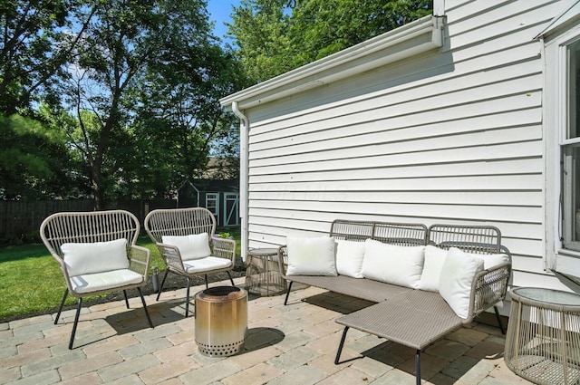 1817 Ibson Dr, Powell, OH 43065 - fenced backyard featuring outdoor lounge area, a patio area, and a shed