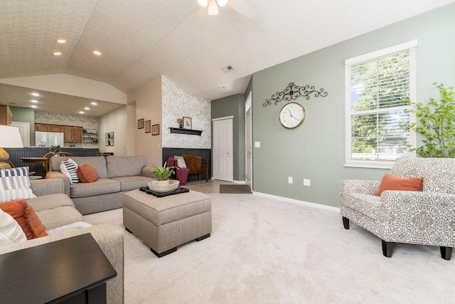 4124 Aumbrey Ct, New Albany, OH 43054 - living area featuring light carpet, lofted ceiling, and a ceiling fan