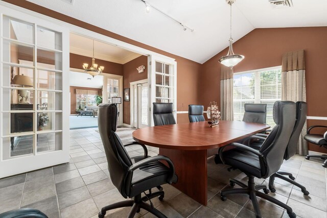 4124 Aumbrey Ct, New Albany, OH 43054 - office area featuring plenty of natural light, vaulted ceiling, a chandelier, rail lighting, and light tile patterned flooring