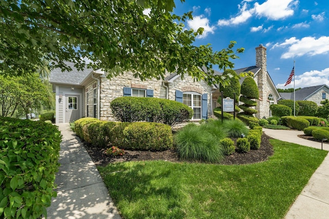 4124 Aumbrey Ct, New Albany, OH 43054 - obstructed view of property featuring stone siding, a chimney, and a shingled roof