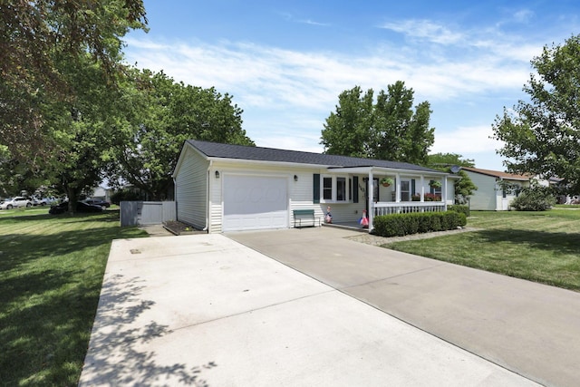 110 Creekview Dr, Baltimore, OH 43105 - ranch-style house featuring a porch, an attached garage, driveway, and a front lawn