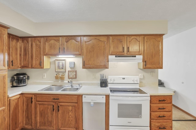 110 Creekview Dr, Baltimore, OH 43105 - kitchen with white appliances, under cabinet range hood, light countertops, and brown cabinetry
