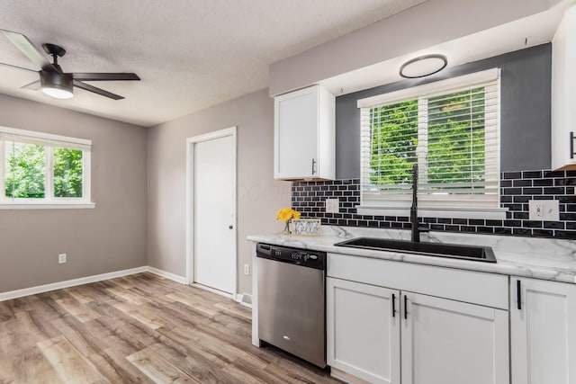 284 Blendon Rd, West Jefferson, OH 43162 - kitchen featuring dishwasher, a ceiling fan, white cabinets, tasteful backsplash, and a textured ceiling