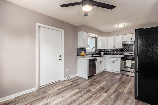 284 Blendon Rd, West Jefferson, OH 43162 - kitchen featuring stainless steel appliances, under cabinet range hood, light wood-style floors, ceiling fan, and decorative backsplash