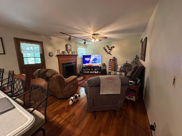 1080 Sycamore Dr, Lancaster, OH 43130 - living room with wood finished floors, a fireplace, and a ceiling fan