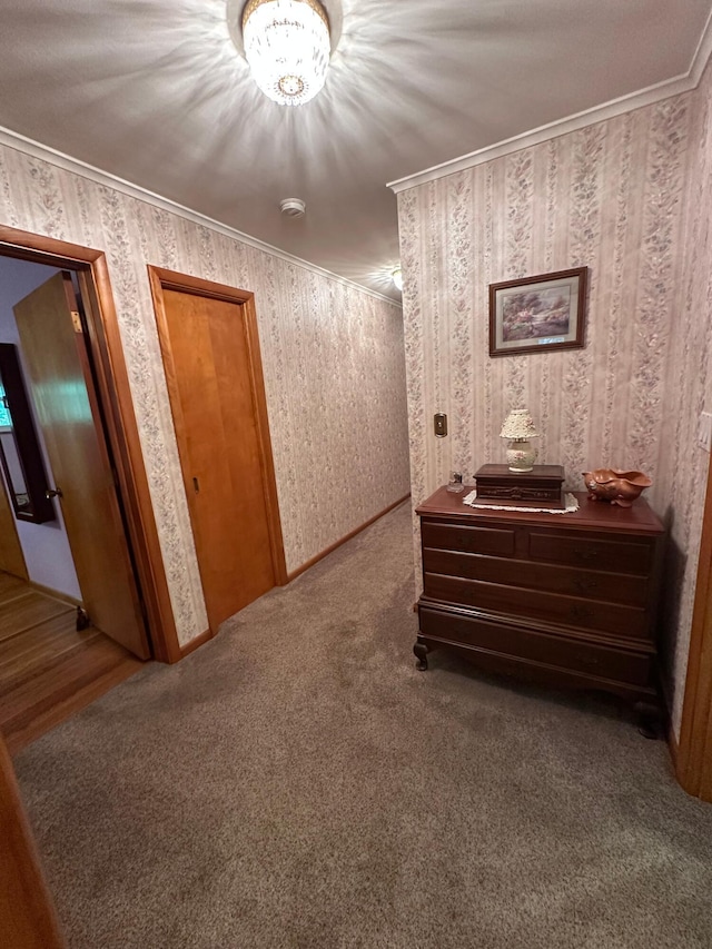 1080 Sycamore Dr, Lancaster, OH 43130 - hall with carpet flooring, wallpapered walls, and crown molding