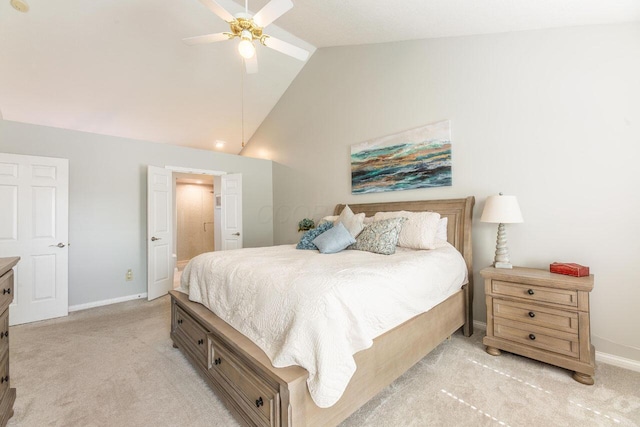 419 Wooten Ct S, Powell, OH 43065 - bedroom with light carpet, ensuite bath, ceiling fan, and high vaulted ceiling
