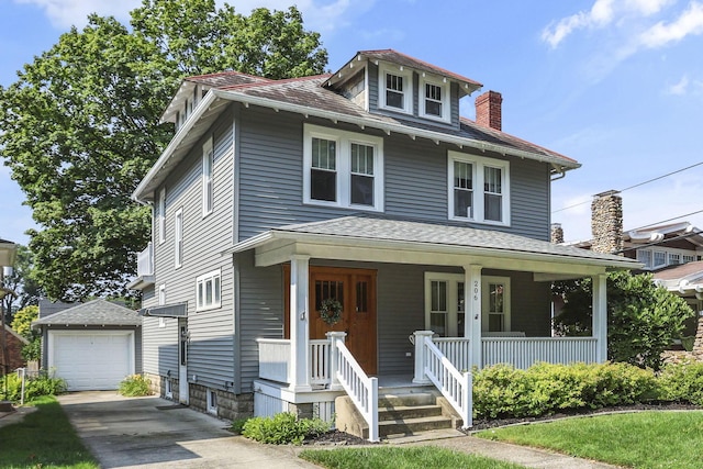 206 E Fair Ave, Lancaster, OH 43130 - american foursquare style home featuring an outdoor structure, concrete driveway, covered porch, a chimney, and a garage