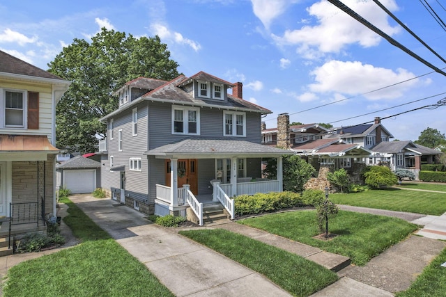 206 E Fair Ave, Lancaster, OH 43130 - traditional style home featuring asphalt driveway, an outdoor structure, covered porch, a chimney, and a front yard