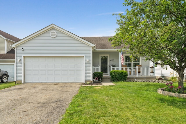 2587 Weeping Willow Ct, Columbus, OH 43207 - ranch-style house with asphalt driveway, covered porch, a front lawn, an attached garage, and roof with shingles