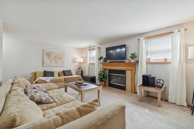 2587 Weeping Willow Ct, Columbus, OH 43207 - living area featuring carpet, a fireplace with flush hearth, and a textured ceiling