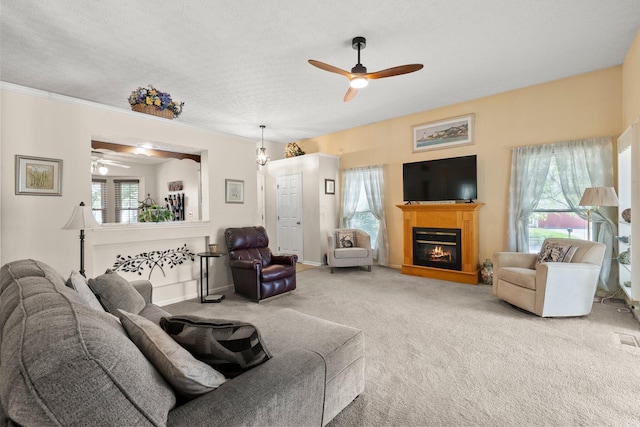 3625 Peany Ln, Canal Winchester, OH 43110 - living room with a ceiling fan, carpet, a warm lit fireplace, and a textured ceiling