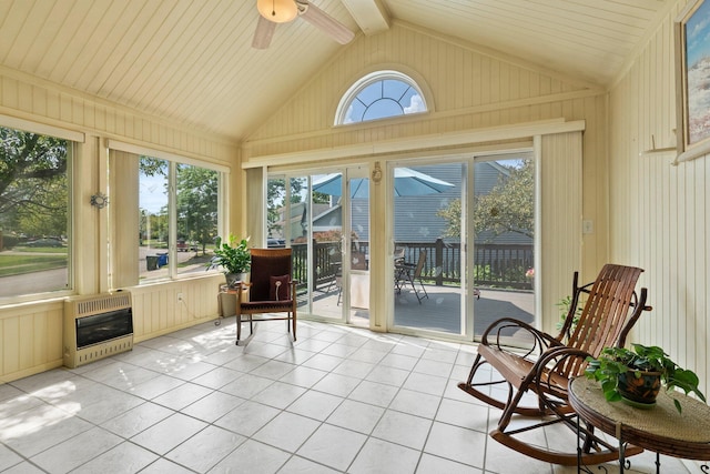 3625 Peany Ln, Canal Winchester, OH 43110 - sunroom / solarium featuring heating unit, vaulted ceiling, tile patterned flooring, and wood walls