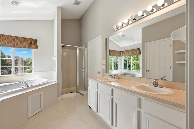 5497 Mirage Dr, Hilliard, OH 43026 - bathroom featuring plenty of natural light, a bath, double vanity, and lofted ceiling