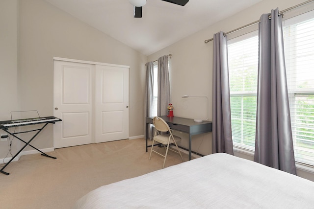 5649 Chippewa Falls St, Dublin, OH 43016 - carpeted bedroom with multiple windows, lofted ceiling, a closet, and ceiling fan