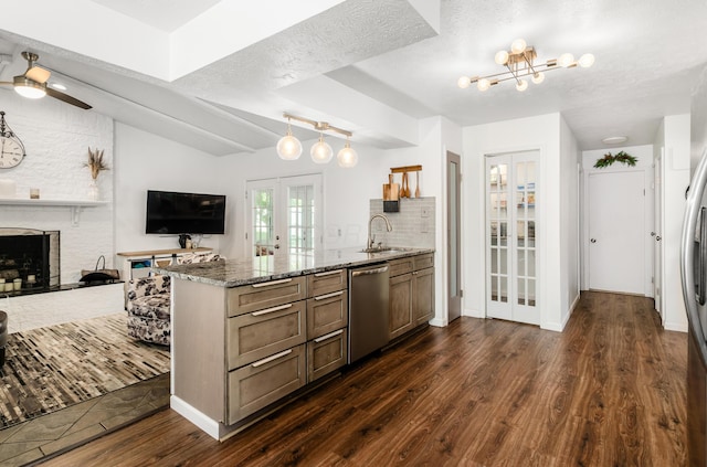 230 Barcelona Ave, Westerville, OH 43081 - kitchen with dishwasher, a peninsula, french doors, dark wood finished floors, and open floor plan