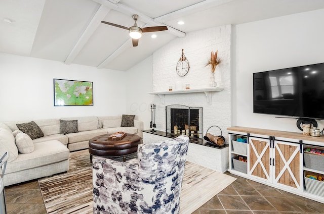 230 Barcelona Ave, Westerville, OH 43081 - living area featuring a large fireplace, a ceiling fan, and recessed lighting