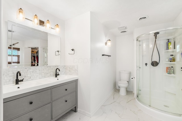 230 Barcelona Ave, Westerville, OH 43081 - bathroom featuring a shower stall, marble look tiles, and decorative backsplash