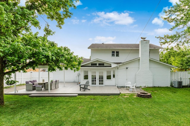 230 Barcelona Ave, Westerville, OH 43081 - back of property with french doors, a deck, a chimney, and an outdoor living space with a fire pit