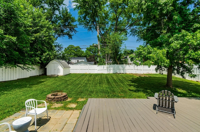 230 Barcelona Ave, Westerville, OH 43081 - fenced backyard featuring an outdoor fire pit, a wooden deck, and a storage shed