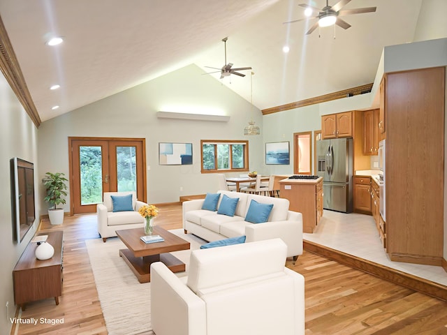 3100 Kropp Rd, Grove City, OH 43123 - living room featuring a ceiling fan, high vaulted ceiling, light wood-type flooring, recessed lighting, and french doors