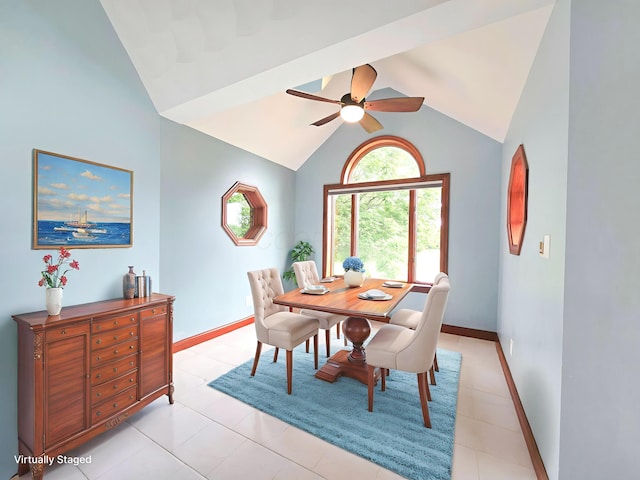 3100 Kropp Rd, Grove City, OH 43123 - dining space featuring a ceiling fan, high vaulted ceiling, and light tile patterned flooring