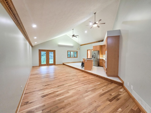 3100 Kropp Rd, Grove City, OH 43123 - unfurnished living room featuring a ceiling fan, light wood-type flooring, french doors, high vaulted ceiling, and recessed lighting