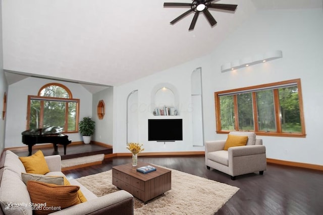 3100 Kropp Rd, Grove City, OH 43123 - living room with a ceiling fan, high vaulted ceiling, and dark wood finished floors