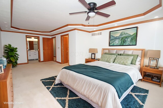 3100 Kropp Rd, Grove City, OH 43123 - bedroom with a tray ceiling, carpet, ornamental molding, recessed lighting, and ensuite bathroom