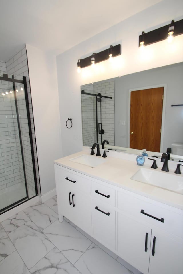 3100 Kropp Rd, Grove City, OH 43123 - bathroom featuring double vanity, a stall shower, and marble finish flooring