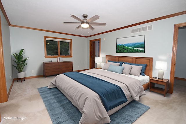 3100 Kropp Rd, Grove City, OH 43123 - bedroom with light colored carpet, ornamental molding, and a ceiling fan