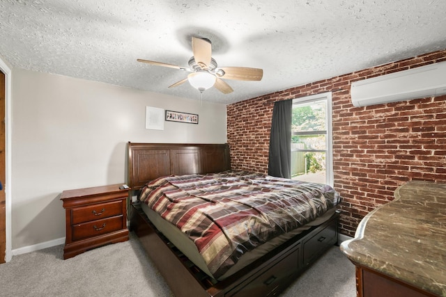 3053 E Old Duvall Ct, Lockbourne, OH 43137 - bedroom featuring a wall unit AC, a textured ceiling, light carpet, brick wall, and a ceiling fan