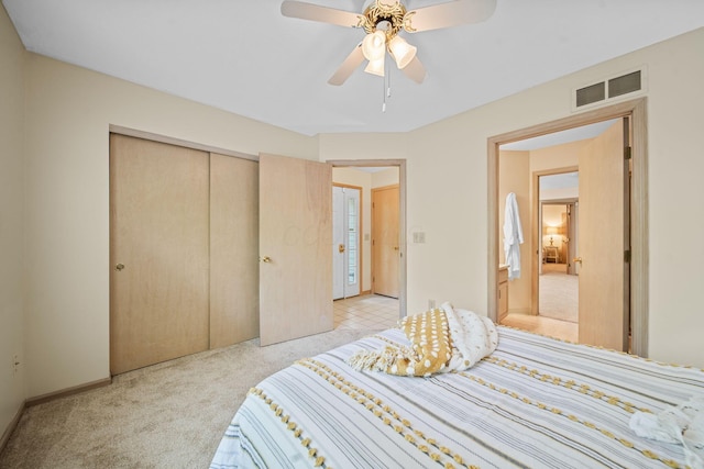 354 Hidden Ravines Dr, Powell, OH 43065 - bedroom with light colored carpet, a closet, and a ceiling fan