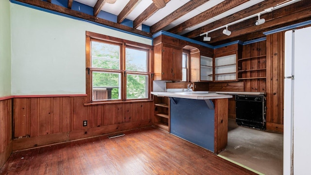 339 W Maple St, Granville, OH 43023 - kitchen featuring open shelves, dishwasher, wooden walls, wainscoting, and beamed ceiling