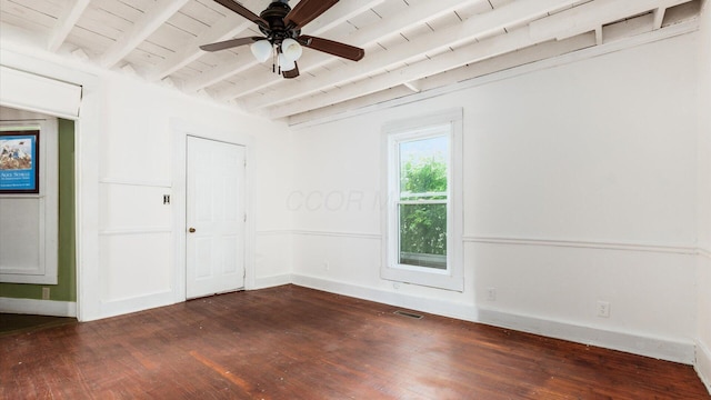 339 W Maple St, Granville, OH 43023 - unfurnished room featuring dark wood-type flooring, ceiling fan, and a wooden ceiling with exposed beams