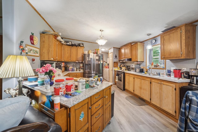 22139 Sams Creek Rd, Laurelville, OH 43135 - kitchen featuring appliances with stainless steel finishes, light countertops, tasteful backsplash, and light wood-type flooring
