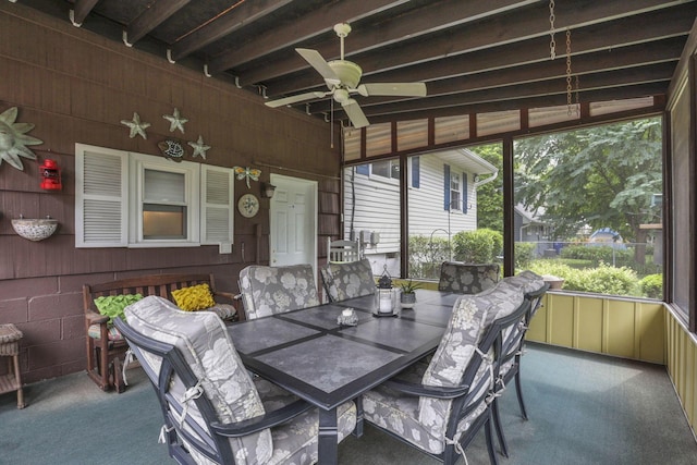 4861 Dickens Dr, Columbus, OH 43227 - sunroom / solarium with a ceiling fan, outdoor dining area, and beam ceiling