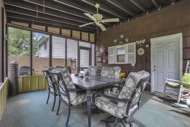 4861 Dickens Dr, Columbus, OH 43227 - sunroom featuring outdoor dining area, ceiling fan, and beamed ceiling