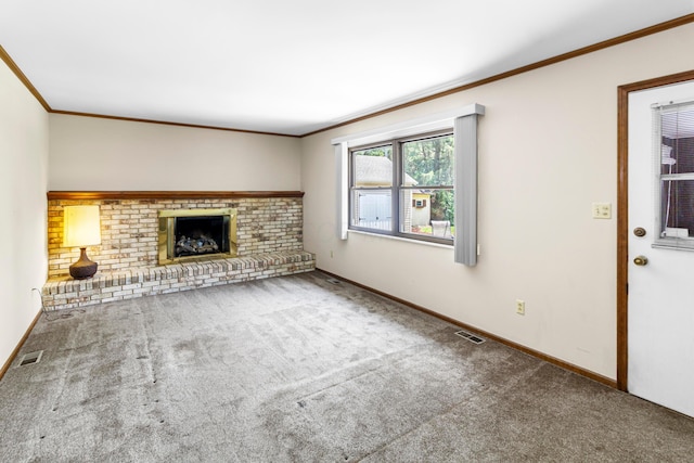 6983 Doran Dr, New Albany, OH 43054 - unfurnished living room with crown molding, carpet flooring, and a fireplace